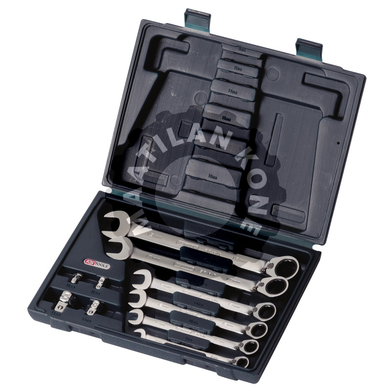 GEARplus® räikkälenkkisarja, käännettävällä suunnalla, 10 osaa, 8-19mm, adapterilla